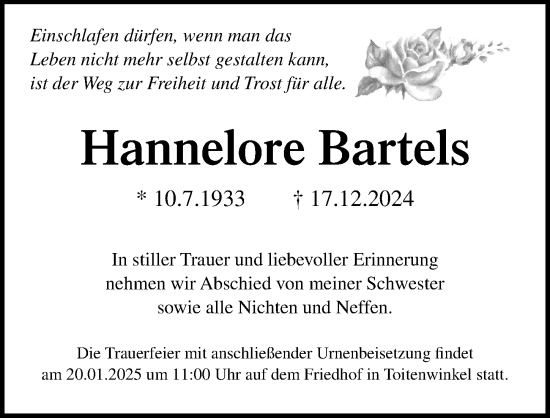 Traueranzeige von Hannelore Bartels von Ostsee-Zeitung GmbH