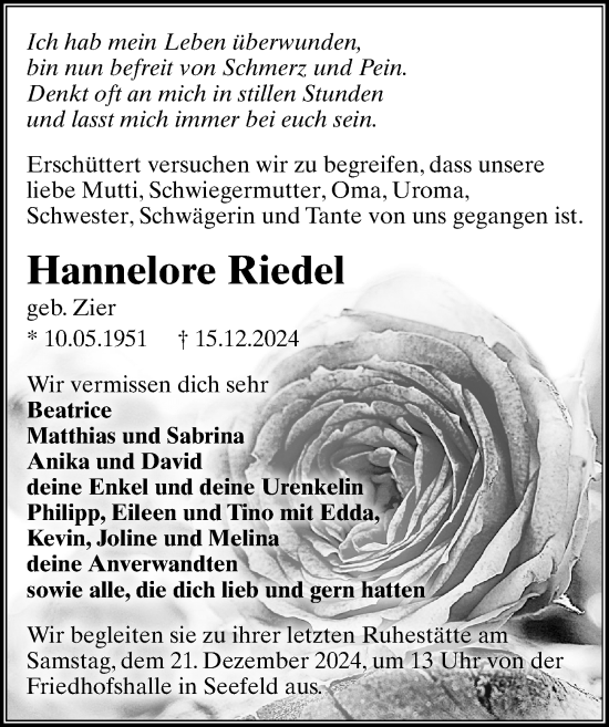 Traueranzeige von Hannelore Riedel von Wochenspiegel