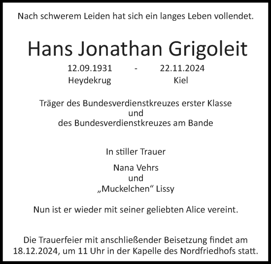 Traueranzeige von Hans  Grigoleit von Kieler Nachrichten