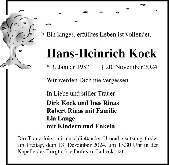 Traueranzeige von Hans-Heinrich Kock von Lübecker Nachrichten