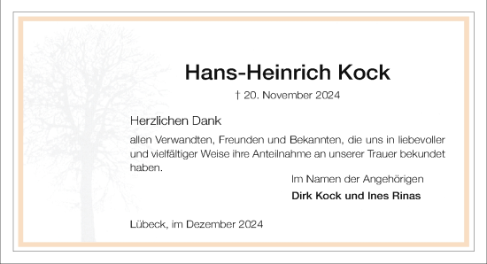Traueranzeige von Hans-Heinrich Kock von Lübecker Nachrichten