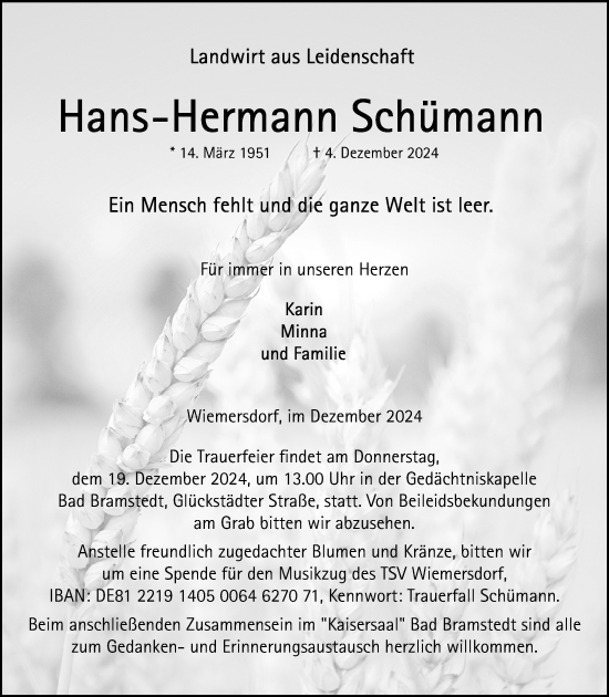 Traueranzeige von Hans-Hermann Schümann von Kieler Nachrichten