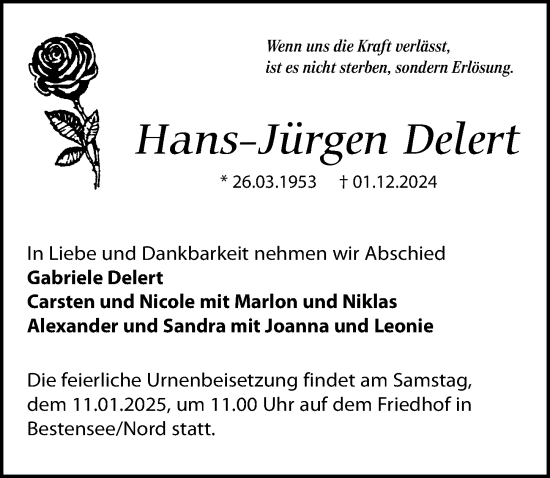 Traueranzeige von Hans-Jürgen Delert von Märkischen Allgemeine Zeitung