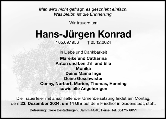 Traueranzeige von Hans-Jürgen Konrad von Peiner Allgemeine Zeitung