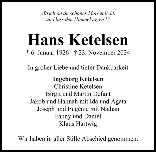 Traueranzeige von Hans Ketelsen von Kieler Nachrichten