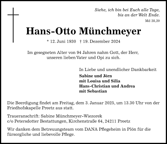 Traueranzeige von Hans-Otto Münchmeyer von Kieler Nachrichten