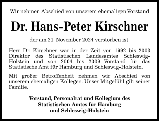 Traueranzeige von Hans-Peter Kirschner von Kieler Nachrichten