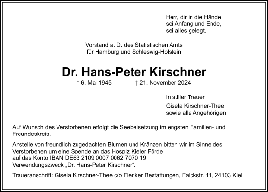 Traueranzeige von Hans-Peter Kirschner von Kieler Nachrichten