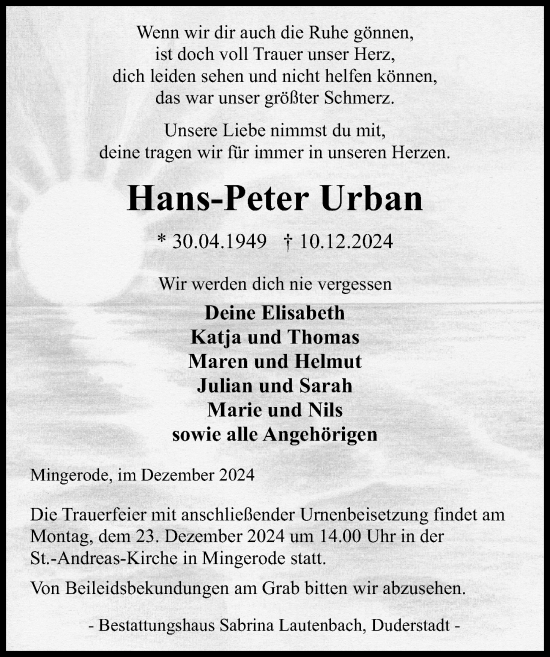 Traueranzeige von Hans-Peter Urban von Eichsfelder Tageblatt