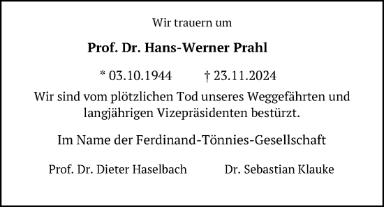 Traueranzeige von Hans-Werner Prahl von Kieler Nachrichten