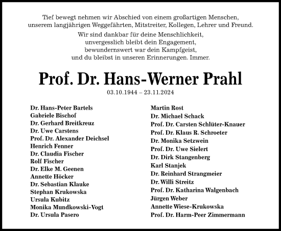 Traueranzeige von Hans-Werner Prahl von Kieler Nachrichten