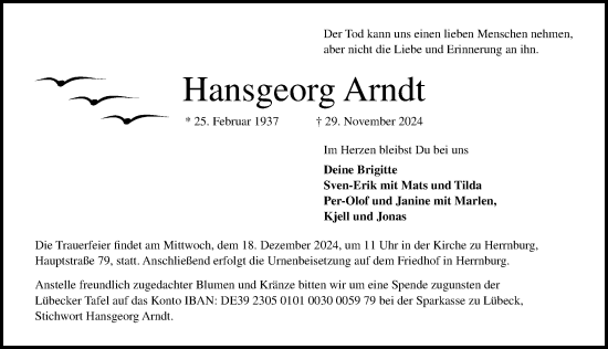 Traueranzeige von Hansgeorg Arndt von Lübecker Nachrichten