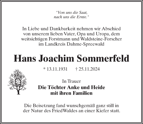 Traueranzeige von Hans Joachim Sommerfeld von Märkischen Allgemeine Zeitung