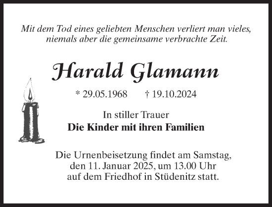 Traueranzeige von Harald Glamann von Wochenspiegel