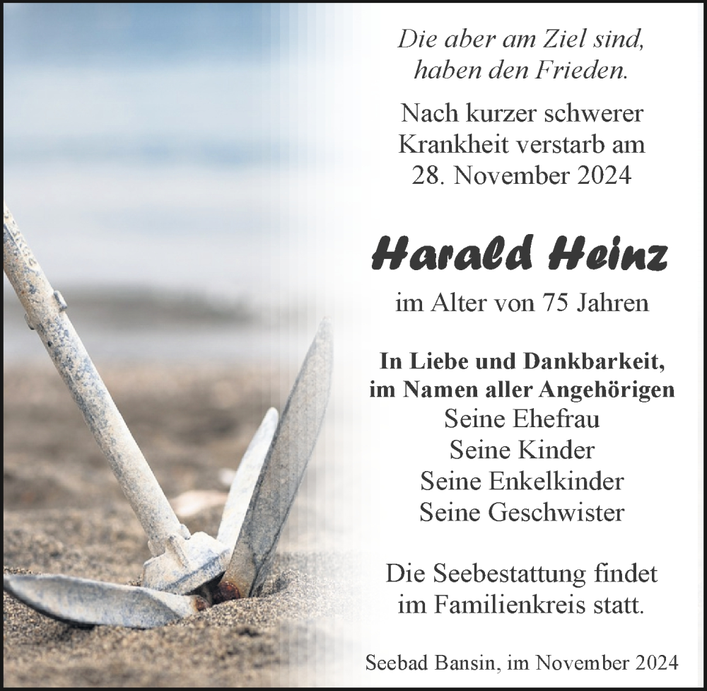  Traueranzeige für Harald Heinz vom 07.12.2024 aus Ostsee-Zeitung GmbH