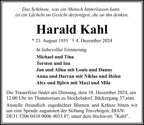 Traueranzeige von Harald Kahl von Lübecker Nachrichten