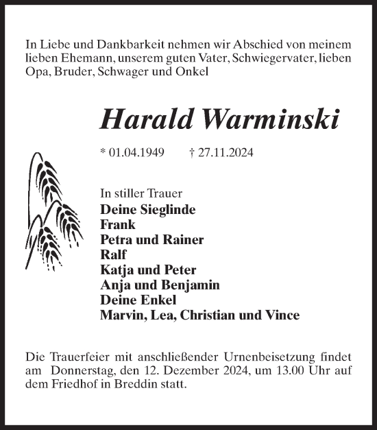 Traueranzeige von Harald Warminski von Wochenspiegel