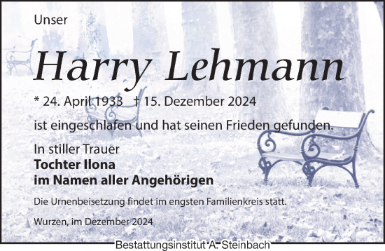 Traueranzeige von Harry Lehmann von Leipziger Volkszeitung