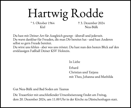 Traueranzeige von Hartwig Rodde von Kieler Nachrichten