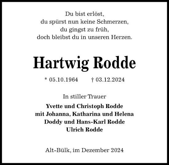 Traueranzeige von Hartwig Rodde von Kieler Nachrichten