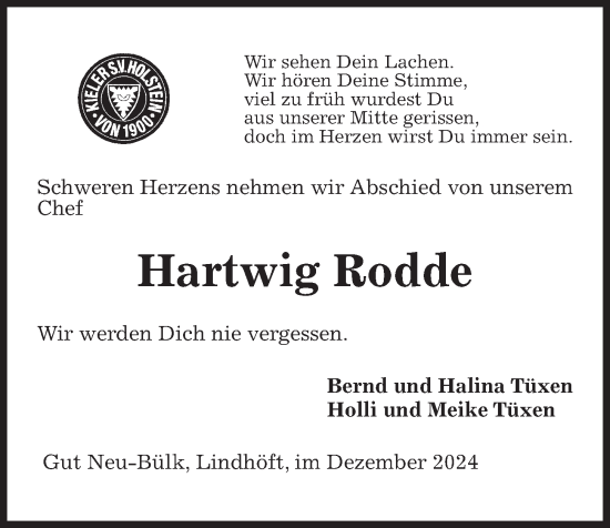 Traueranzeige von Hartwig Rodde von Kieler Nachrichten