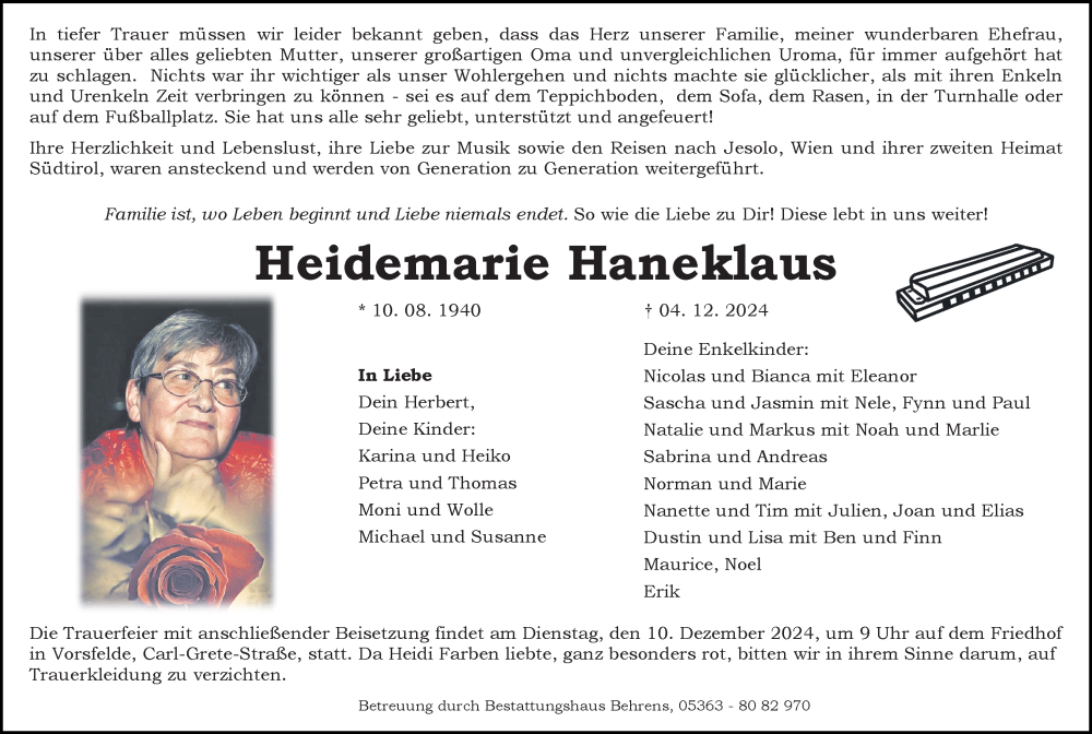  Traueranzeige für Heidemarie Haneklaus vom 07.12.2024 aus Aller Zeitung