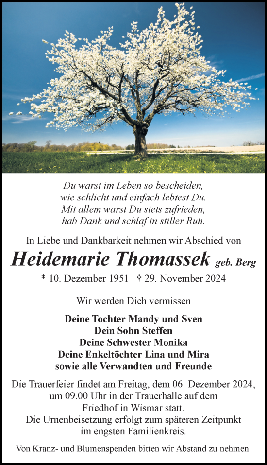 Traueranzeige von Heidemarie Thomassek von Ostsee-Zeitung GmbH