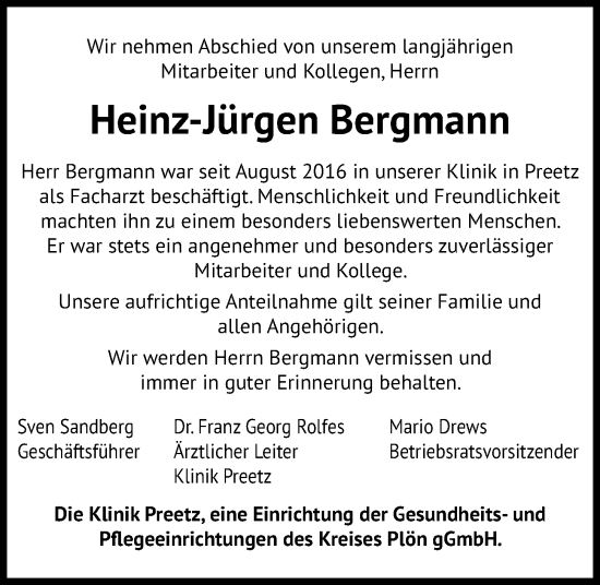 Traueranzeige von Heinz-Jürgen Bergmann von Kieler Nachrichten