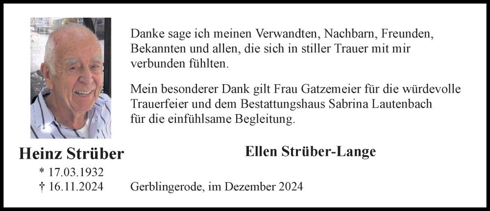  Traueranzeige für Heinz Strüber vom 07.12.2024 aus Eichsfelder Tageblatt