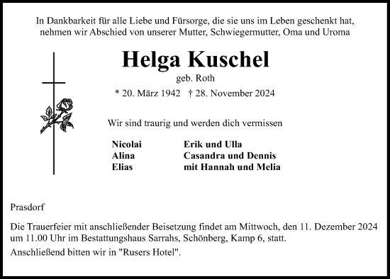 Traueranzeige von Helga Kuschel von Kieler Nachrichten