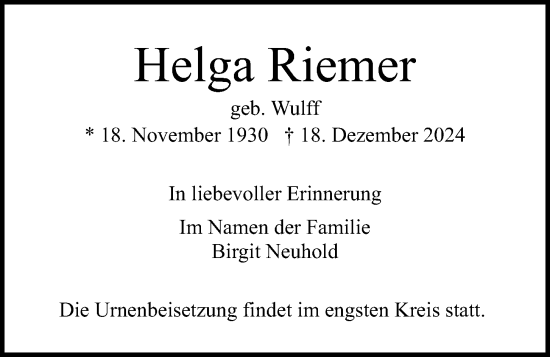 Traueranzeige von Helga Riemer von Kieler Nachrichten