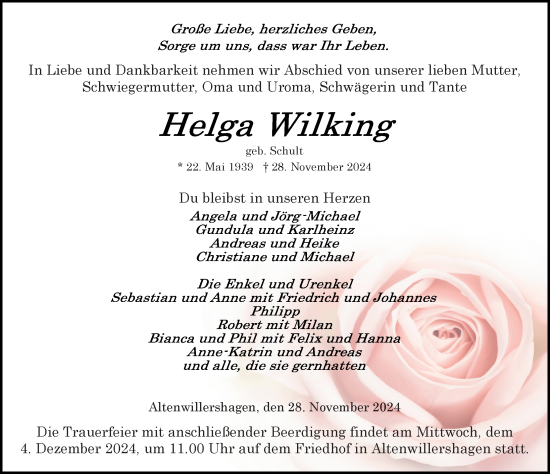 Traueranzeige von Helga Wilking von Ostsee-Zeitung GmbH