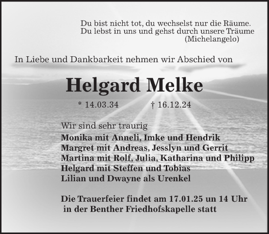 Traueranzeige von Helgard Melke von Hannoversche Allgemeine Zeitung/Neue Presse