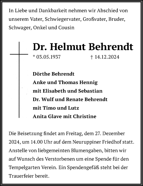 Traueranzeige von Helmut Behrendt von Märkischen Allgemeine Zeitung