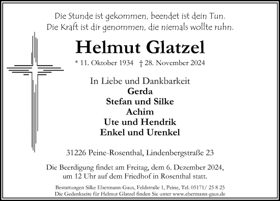 Traueranzeige von Helmut Glatzel von Peiner Allgemeine Zeitung