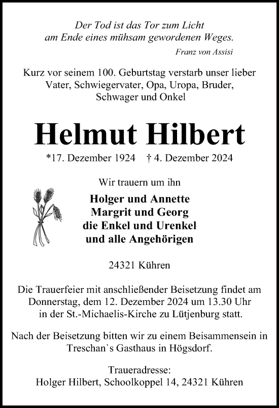 Traueranzeige von Helmut Hilbert von Kieler Nachrichten