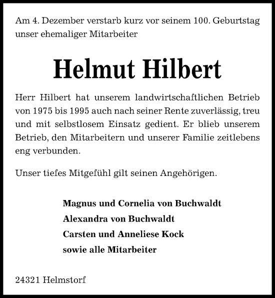 Traueranzeige von Helmut Hilbert von Kieler Nachrichten