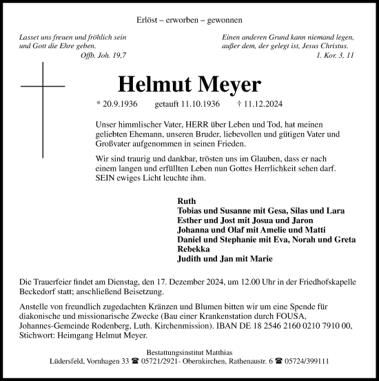 Traueranzeige von Helmut Meyer von Schaumburger Nachrichten