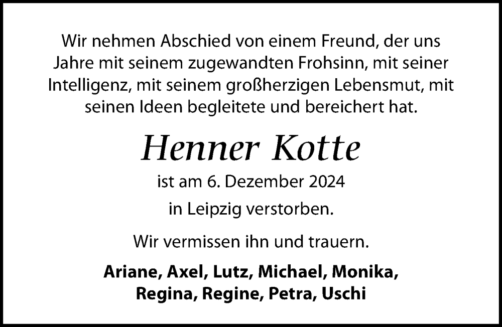  Traueranzeige für Henner Kotte vom 14.12.2024 aus Leipziger Volkszeitung