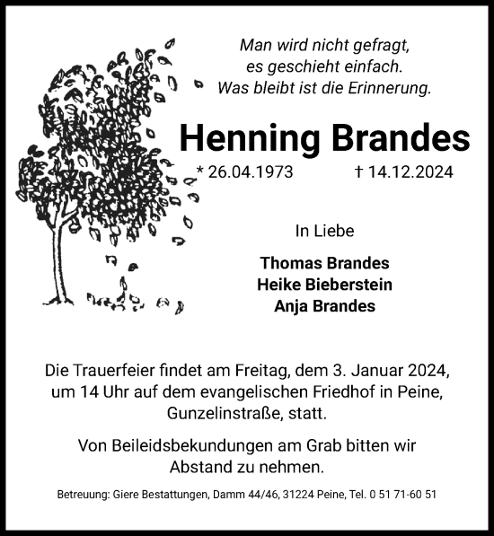 Traueranzeige von Henning Brandes von Peiner Allgemeine Zeitung