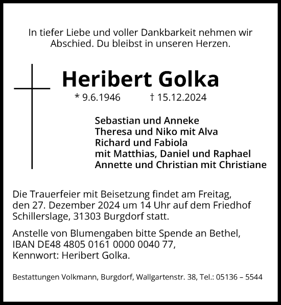 Traueranzeige von Heribert Golka von Hannoversche Allgemeine Zeitung/Neue Presse