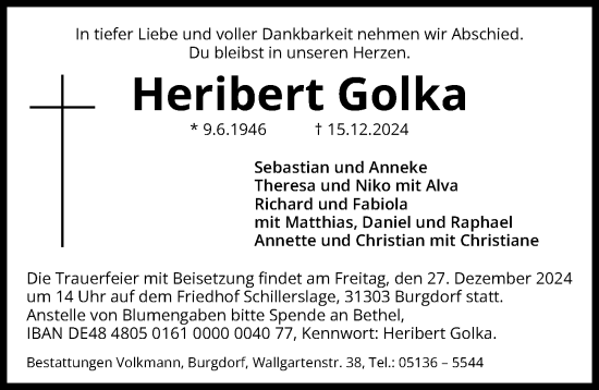 Traueranzeige von Heribert Golka von Hannoversche Allgemeine Zeitung/Neue Presse