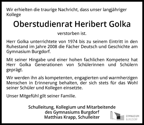 Traueranzeige von Heribert Golka von Hannoversche Allgemeine Zeitung/Neue Presse