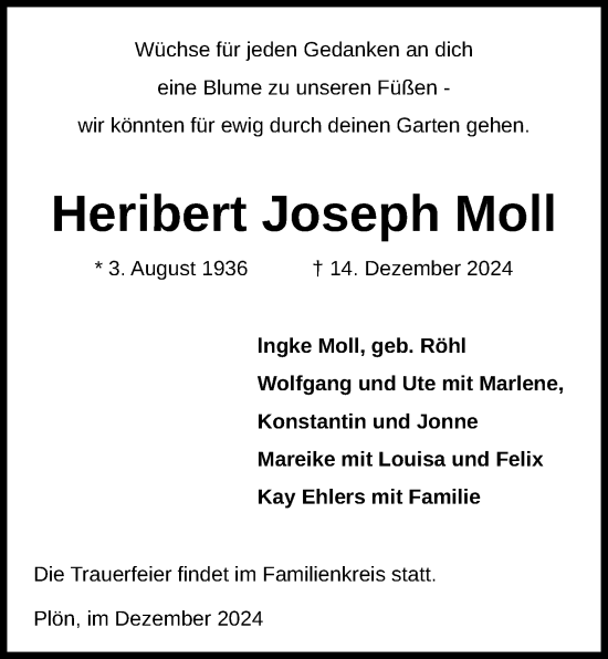 Traueranzeige von Heribert Joseph Moll von Kieler Nachrichten