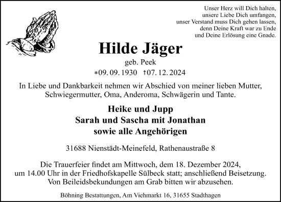 Traueranzeige von Hilde Jäger von Schaumburger Nachrichten