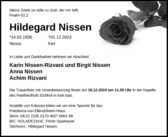 Traueranzeige von Hildegard Nissen von Kieler Nachrichten