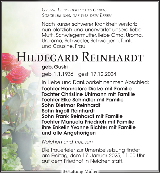 Traueranzeige von Hildegard Reinhardt von Leipziger Volkszeitung