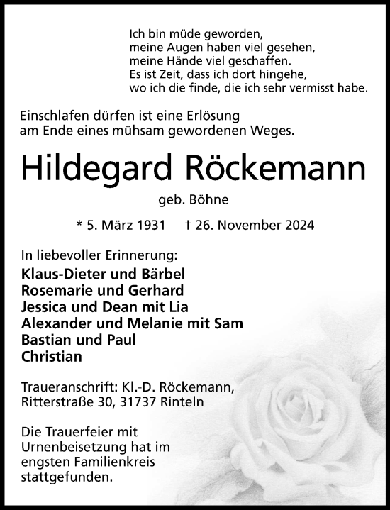 Traueranzeige von Hildegard Röckemann von Schaumburger Nachrichten und Schaumburger Zeitung/ Landes-Zeitung