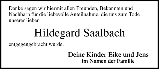 Traueranzeige von Hildegard Saalbach von Lübecker Nachrichten