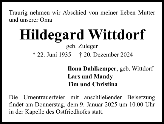 Traueranzeige von Hildegard Wittdorf von Kieler Nachrichten